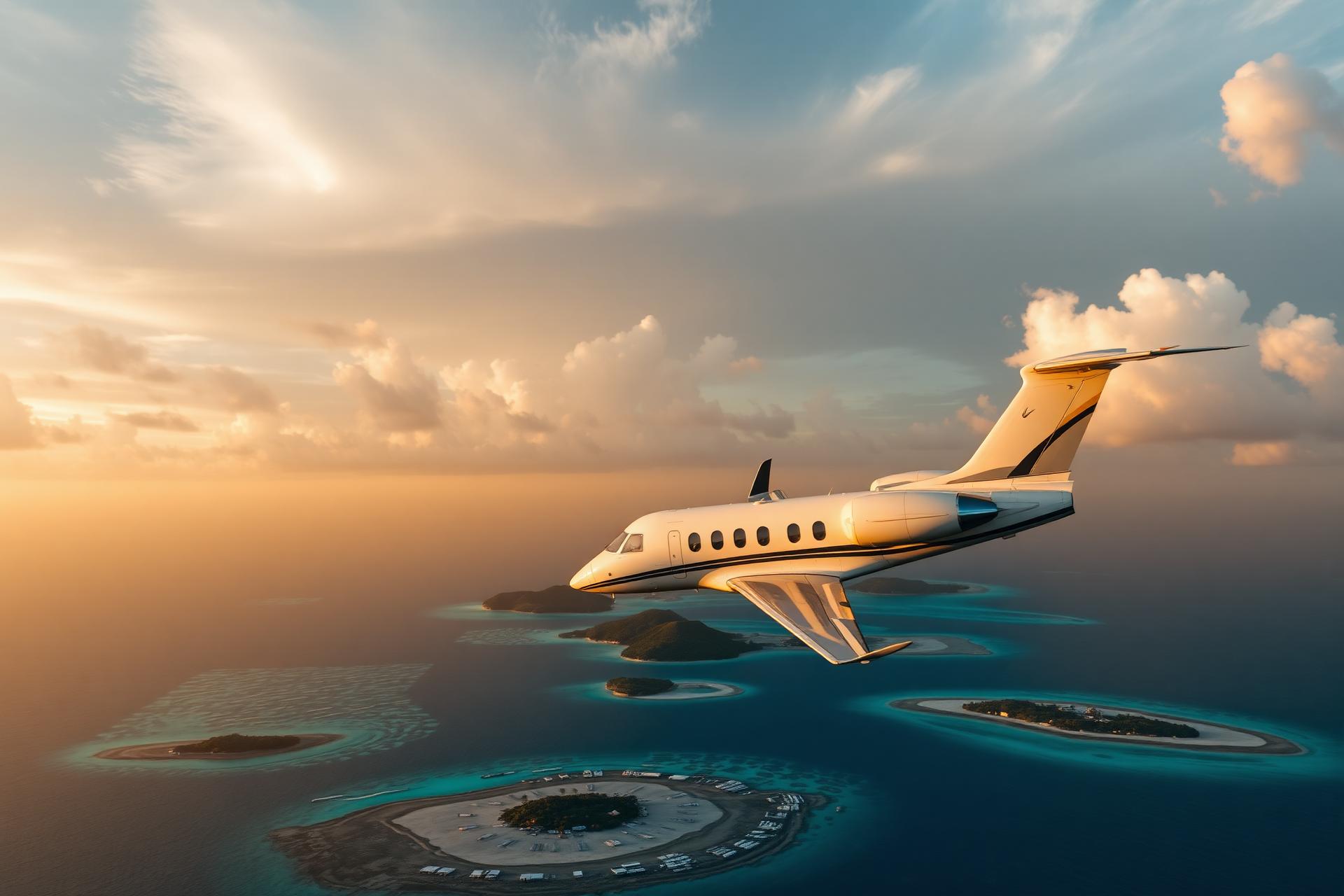 Luxury private jet flying over an island at golden hour